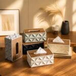 Modern Geometric Tissue Box Holder with Wooden Grain Lid - Image 2