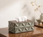 Modern Geometric Tissue Box Holder with Wooden Grain Lid Grey