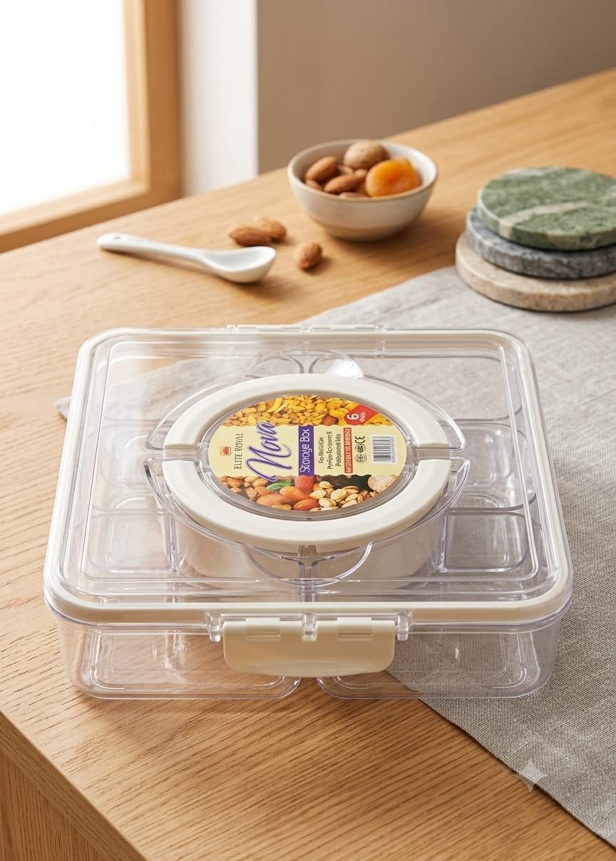 WhatsApp Image 2026-09-06 at 1.45.02 AM 6-Compartment Clear Snack Box Organizer with Handle & Airtight Locking Lid - Image 1