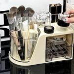 360° Rotating Makeup Brush Holder with 2 Clear Drawers - Image 3